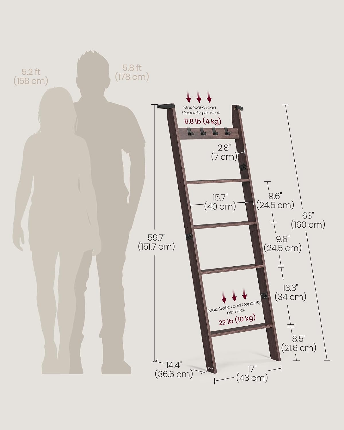 VASAGLE CUSTOS Collection - Blanket Ladder Shelf, 5-Tier Ladder Rack for Storage and Decor with 4 Removable Hooks, Decorative Farmhouse for the Living Room, Maroon Brown ULLS028K01