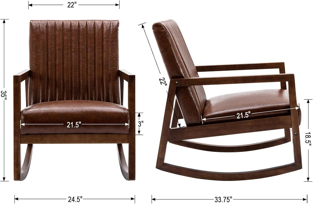 Leather Modern Rocking Chair Mid Century Armchair Upholstered Arm Chair with Padded Seat/Wood Frame, Comfy Rocker for Living Room/Bedroom, Retro Dark Brown PU