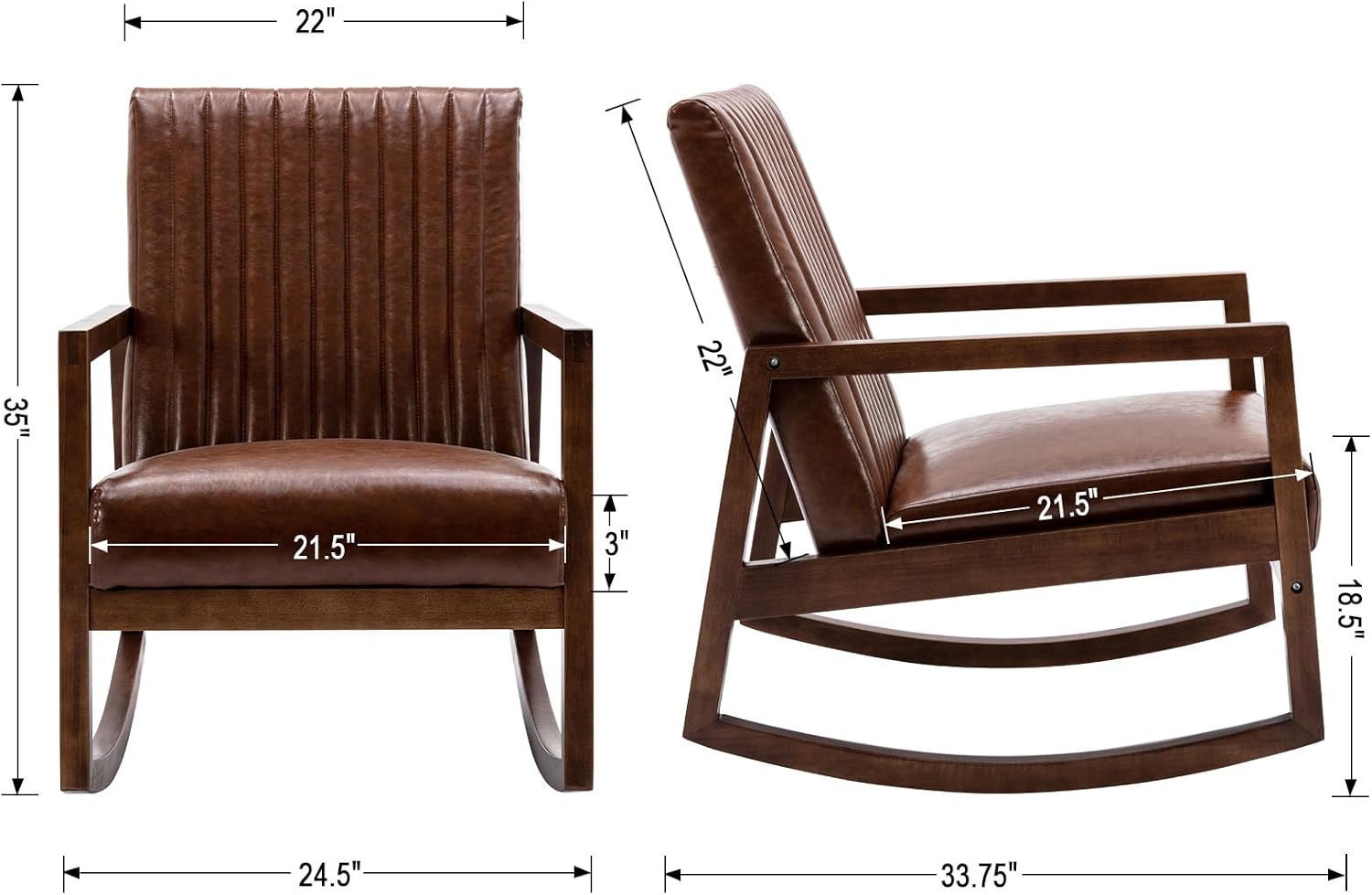 Leather Modern Rocking Chair Mid Century Armchair Upholstered Arm Chair with Padded Seat/Wood Frame, Comfy Rocker for Living Room/Bedroom, Retro Dark Brown PU