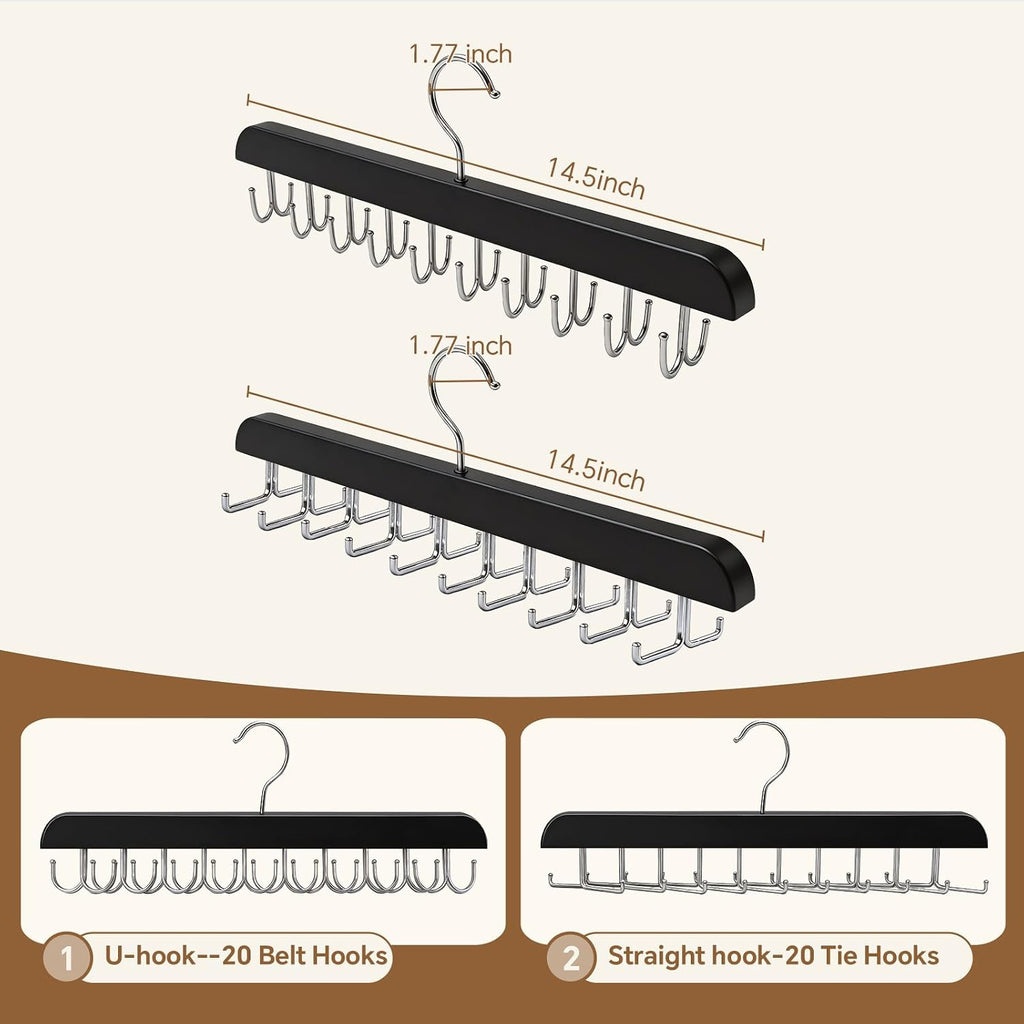 2 Pack Tie Rack and Belt Hanger 40 Hooks 360 Swivel Foldable Wooden Closet Rod Organizer Space Saving for Ties Belts Hats Bras Tank Tops Black