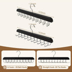 2 Pack Tie Rack and Belt Hanger 40 Hooks 360 Swivel Foldable Wooden Closet Rod Organizer Space Saving for Ties Belts Hats Bras Tank Tops Black