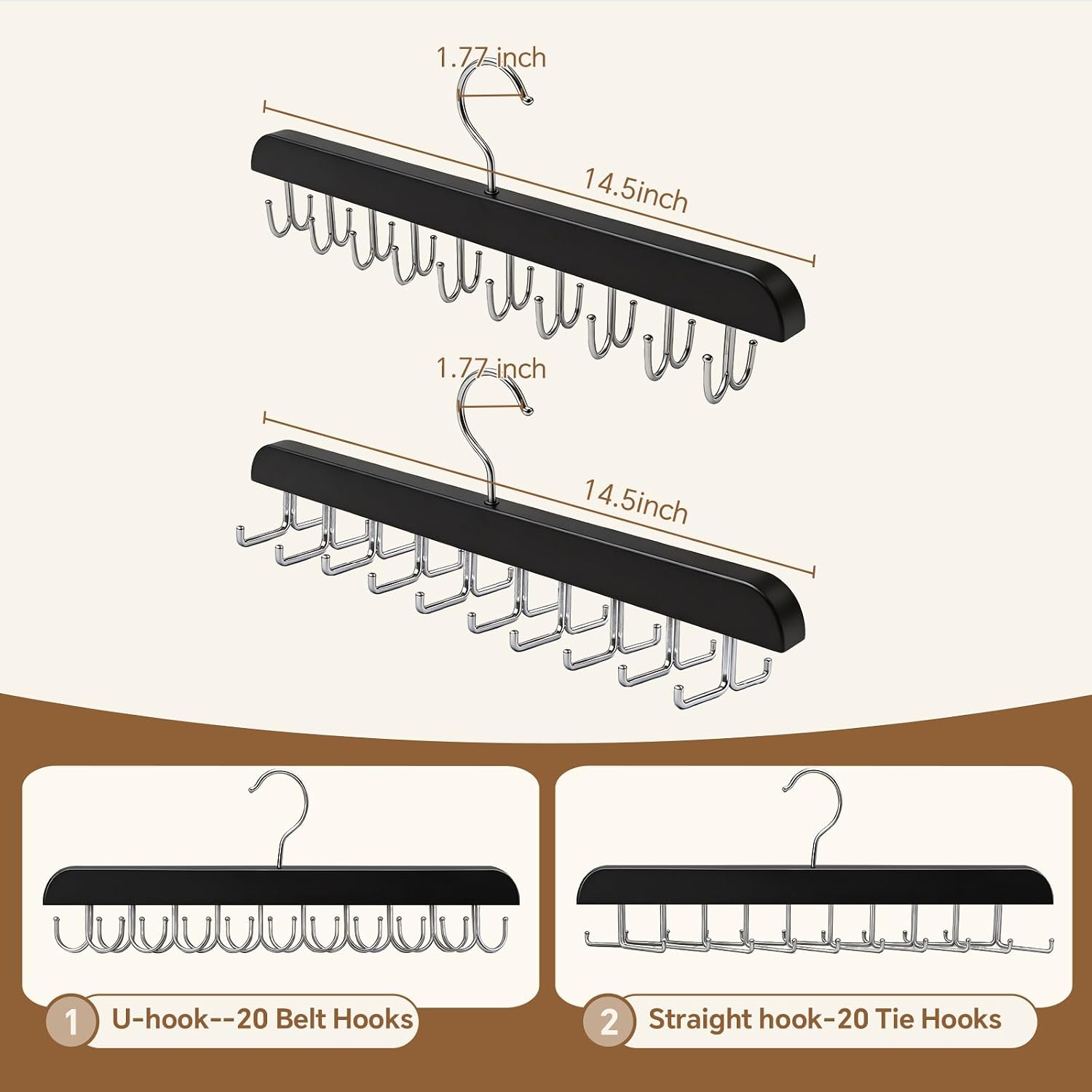 2 Pack Tie Rack and Belt Hanger 40 Hooks 360 Swivel Foldable Wooden Closet Rod Organizer Space Saving for Ties Belts Hats Bras Tank Tops Black