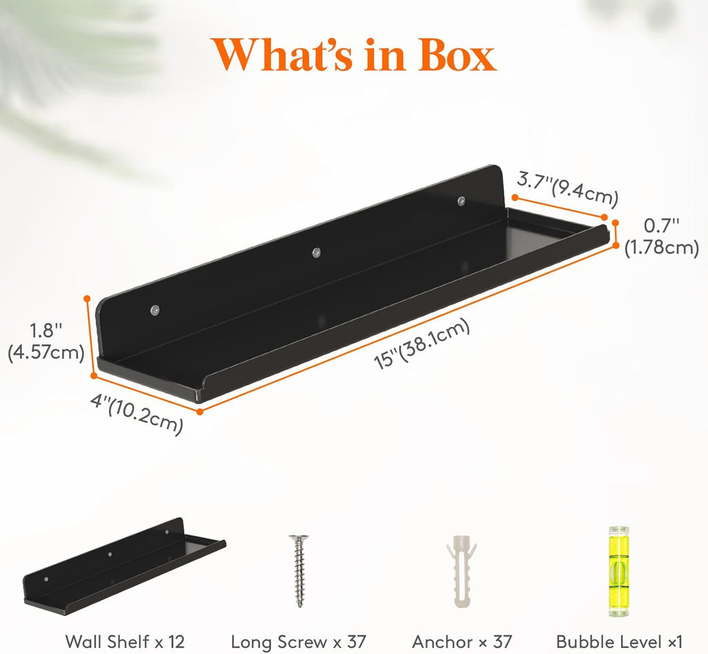Lifewit Floating Shelves for Wall, 12 Pack Black Acrylic Shelf 15" Room Decor for Bookcase/Vinyl Record Display/Photo/Picture in Bedroom, Living Room, Bathroom, Kitchen Storage and Organization