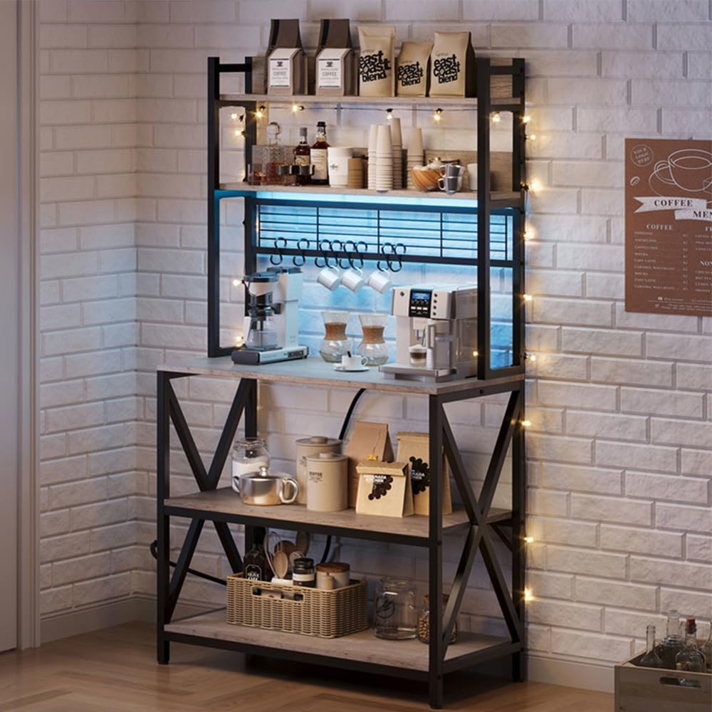 Yaheetech Kitchen Bakers Rack with Power Outlet & LED Lights, 5 Tiers Cof...