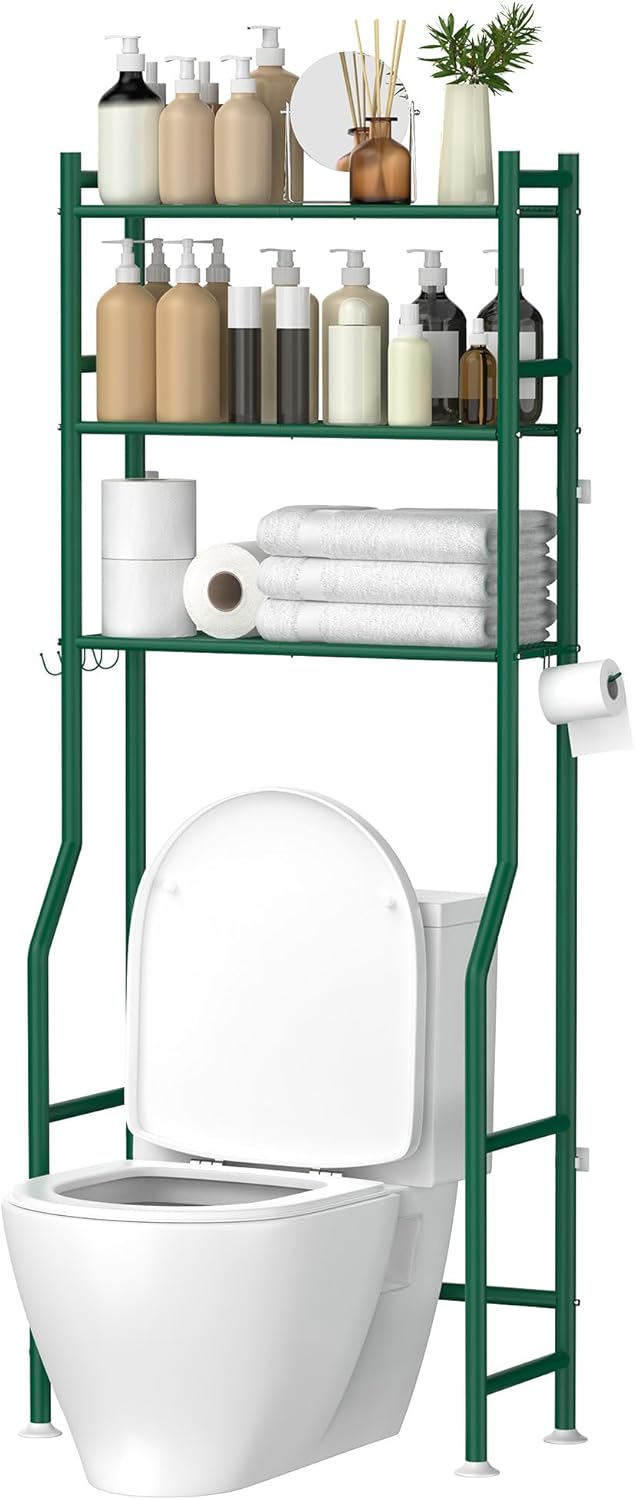 3-Tier Over The Toilet Storage, Space Saver Metal Bathroom Shelves, Freestanding Above Over Toilet Storage Shelf with 4 Hooks for Bathroom, Green