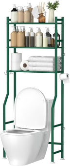 3-Tier Over The Toilet Storage, Space Saver Metal Bathroom Shelves, Freestanding Above Over Toilet Storage Shelf with 4 Hooks for Bathroom, Green