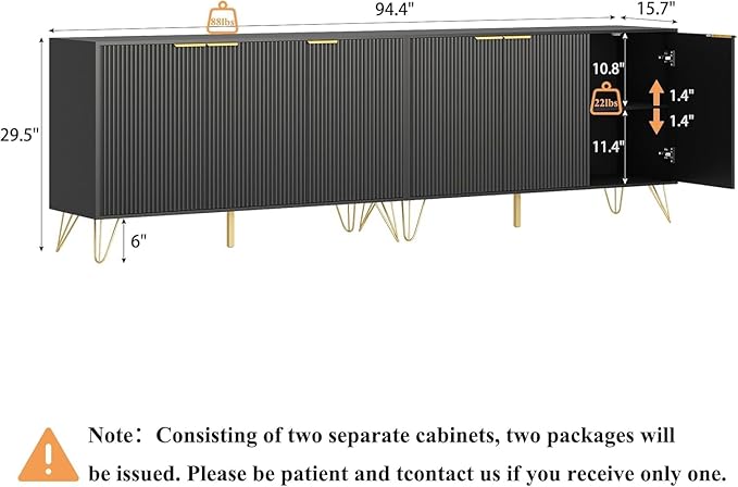 TV Stand for 90 inch TV Modern Entertainment Center Cabinet with 6 Doors Wood Media Console Storage Cabinets for Living Room Bedroom, Black