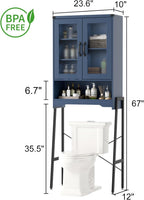Over The Toilet Storage Cabinet with Tempered Glass Doors and Adjustable Shelf, Bathroom Organizer with Metal Stand Space Saver Over Toilet , Modern Toilet Rack for Bathroom, Restroom, Laundry, Blue