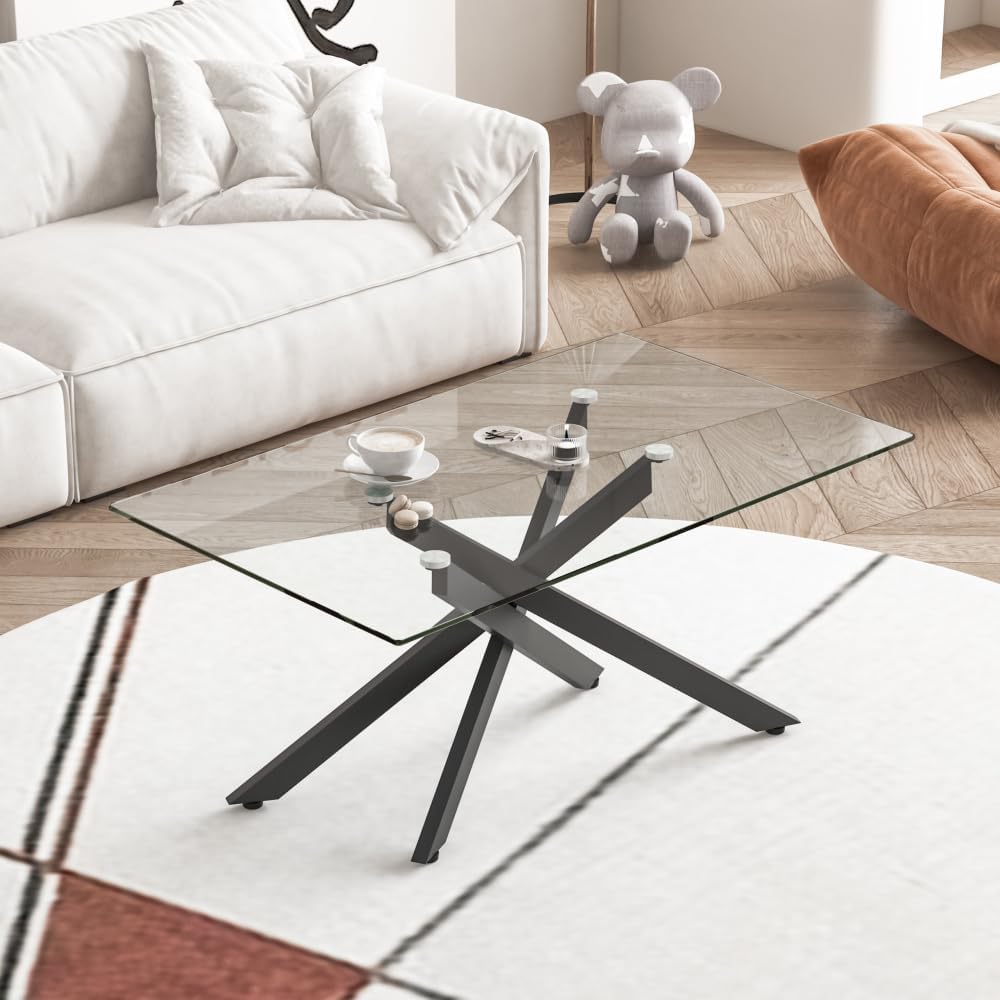 39.37-Inch Glass Coffee Table, Clear Tempered Top with Black Metal Legs | Rec...