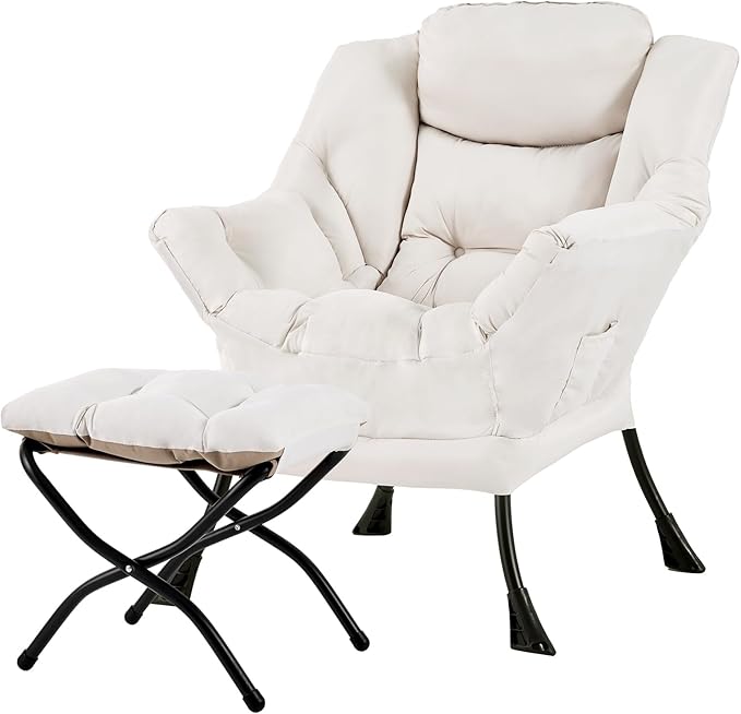 Tiita Lazy Chair with Ottoman, Modern Large Accent Lounge Armchair, Comfy Leisure Sofa Reading Chair with Footrest for Bedroom, Living Room, Dorm Rooms, Garden and Courtyard, Beige