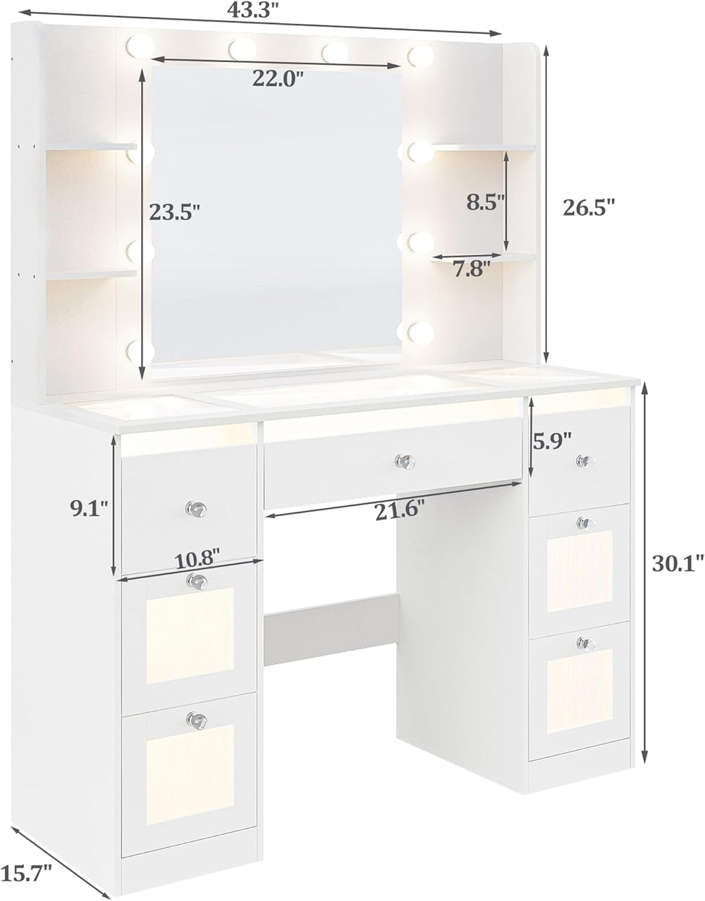 Makeup Vanity with 3-Color Lighted Mirror, Glass Top Makeup Desk with 7 Drawe...