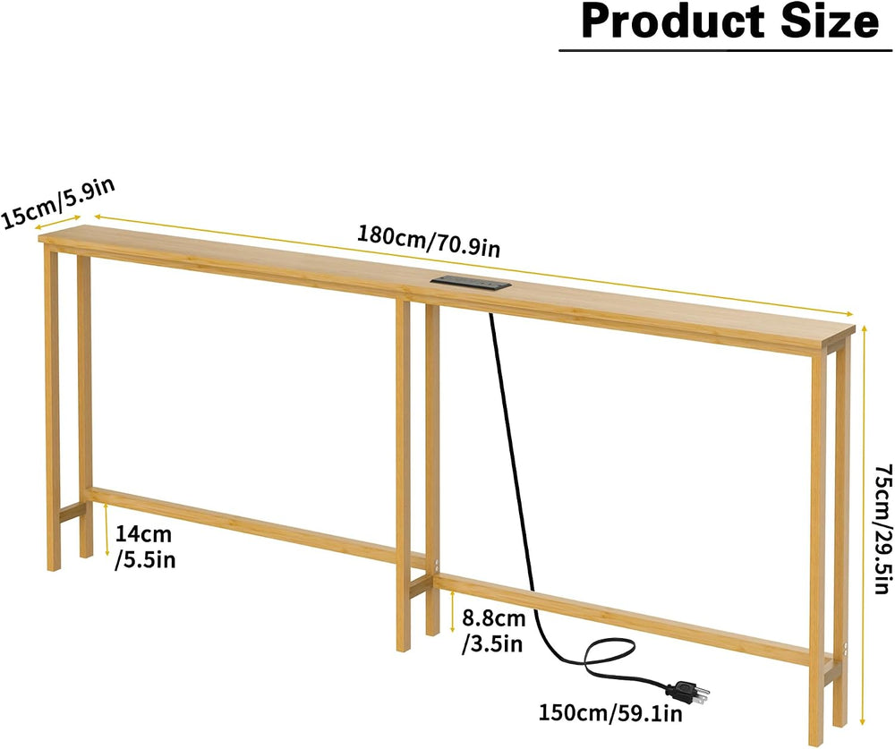 VASMIA 70.9 Inch Narrow Console Table with Outlet,Bamboo Behind Couch Sofa Ta...