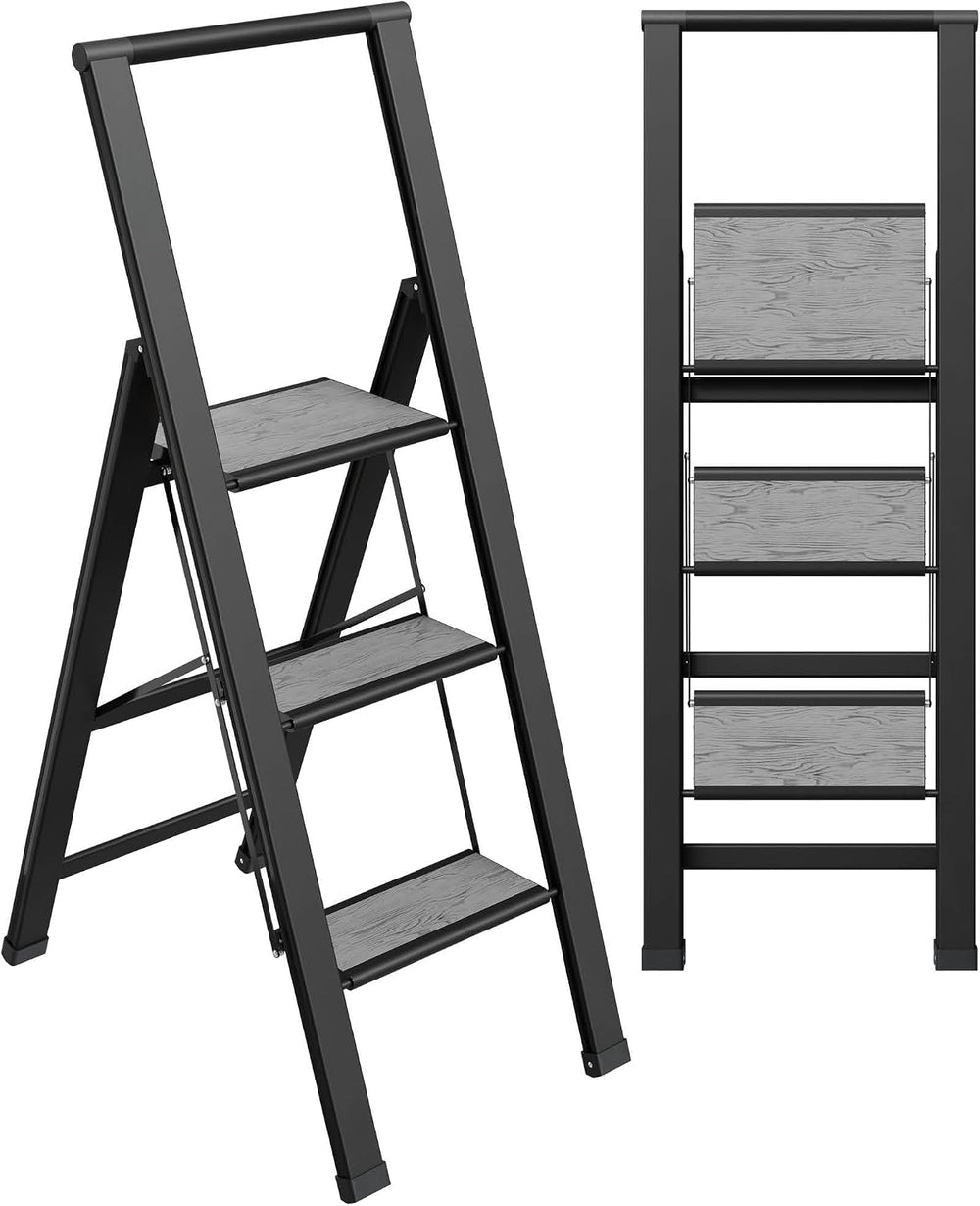 Step Ladder 3 Step Folding, Decorative - Beautiful Gray Wood & Black Alum...
