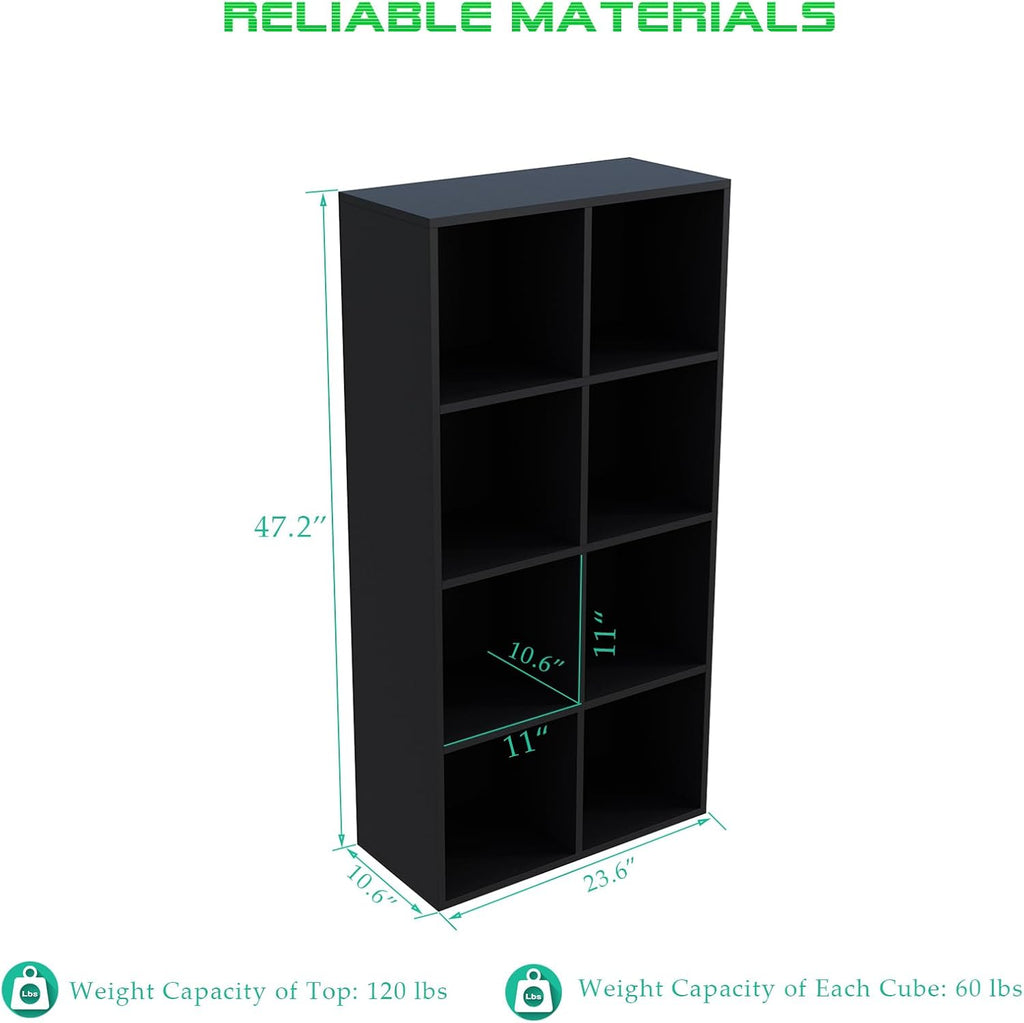 8-Cube Storage Shelf Bookcase - Wooden 4-Tier Floor Standing Open Bookshelf, Modern TV Stand up to 55 Inchs for Home and Office, Black