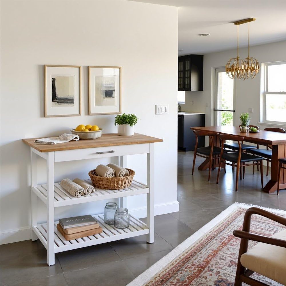 Furnifact Solid Wood Kitchen Island with Drawer, 2 Open Shelves, White Base and Natural Top, Island Table for Kitchen Storage and Food Prep