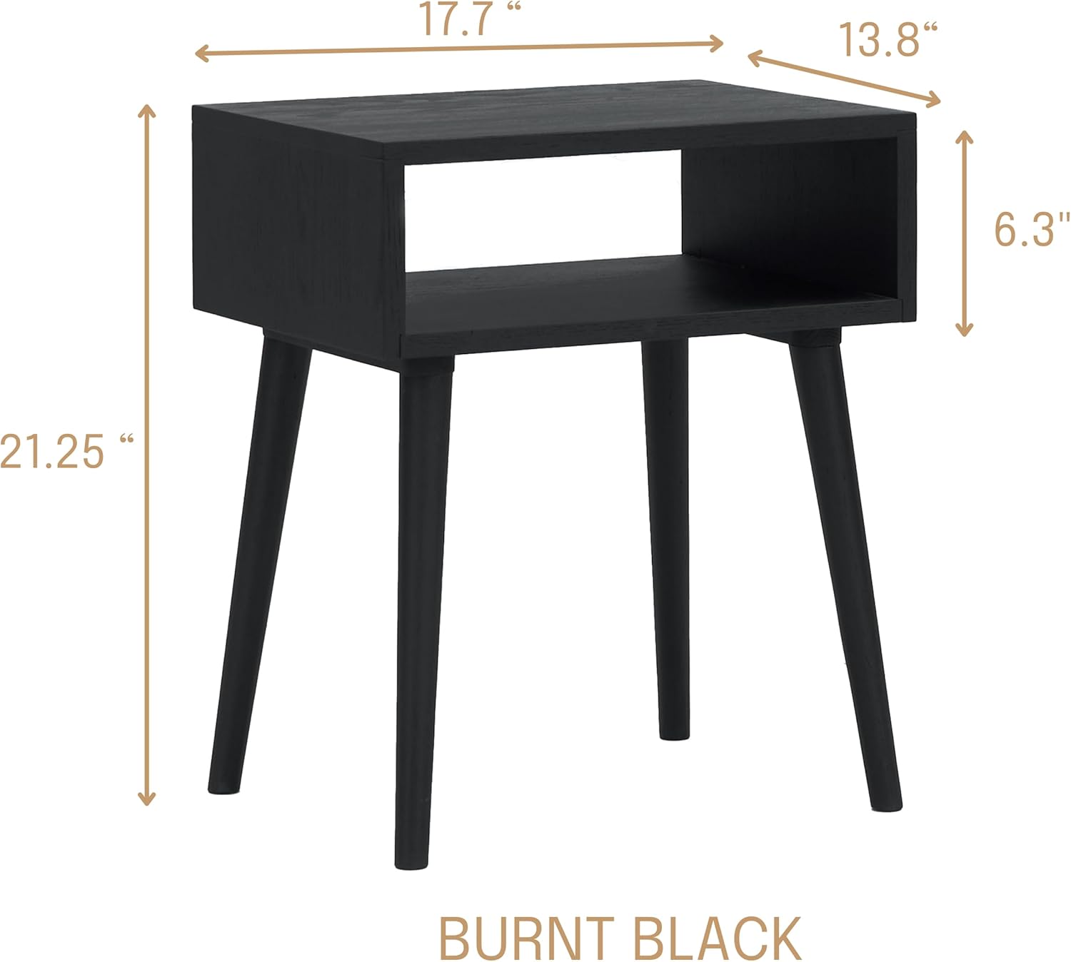 NTC Solid Oak Zoe Nightstand, Mid Century Modern Side Table Bedroom, Bedside Furniture, Night Stand, End Table, Easy Assembly - Burnt Black