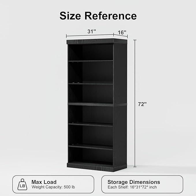 72" Wooden Book Shelf, 5 Shelf Bookcase, Modern Bookshelf with Adjustable Shelf for Home Office, Study Room, Black