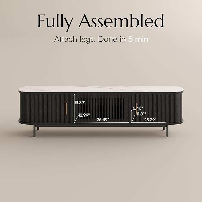 POVISON Fully-Assembled Sliding Tambour Door TV Stand, Mid Century Modern Sintered Stone TV Console, Wood Media Console for 75 Inch TV, Entertainment Center with Storage Cabinet(Black, 78.74")