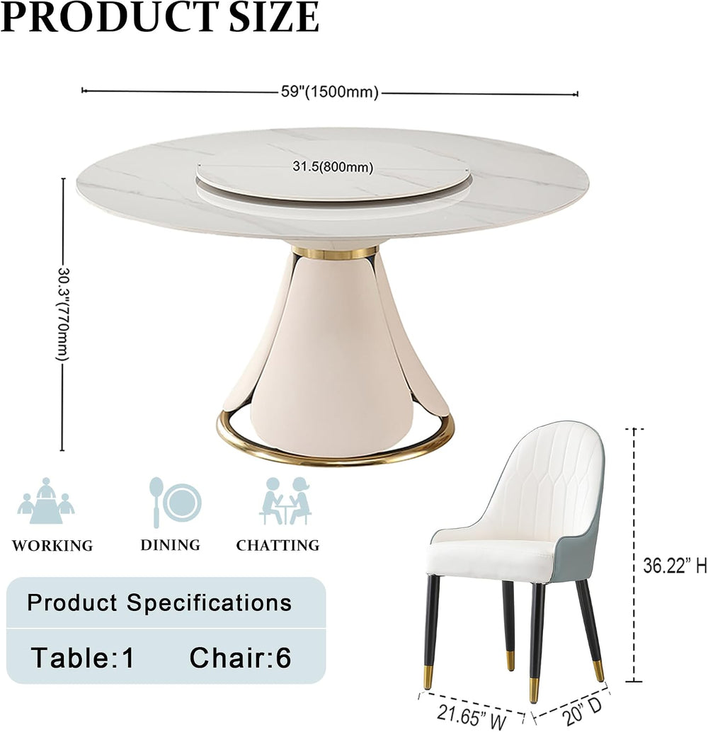 Leavader 59" Modern Round Dining Table Set - Sintered Stone Tabletop wit...