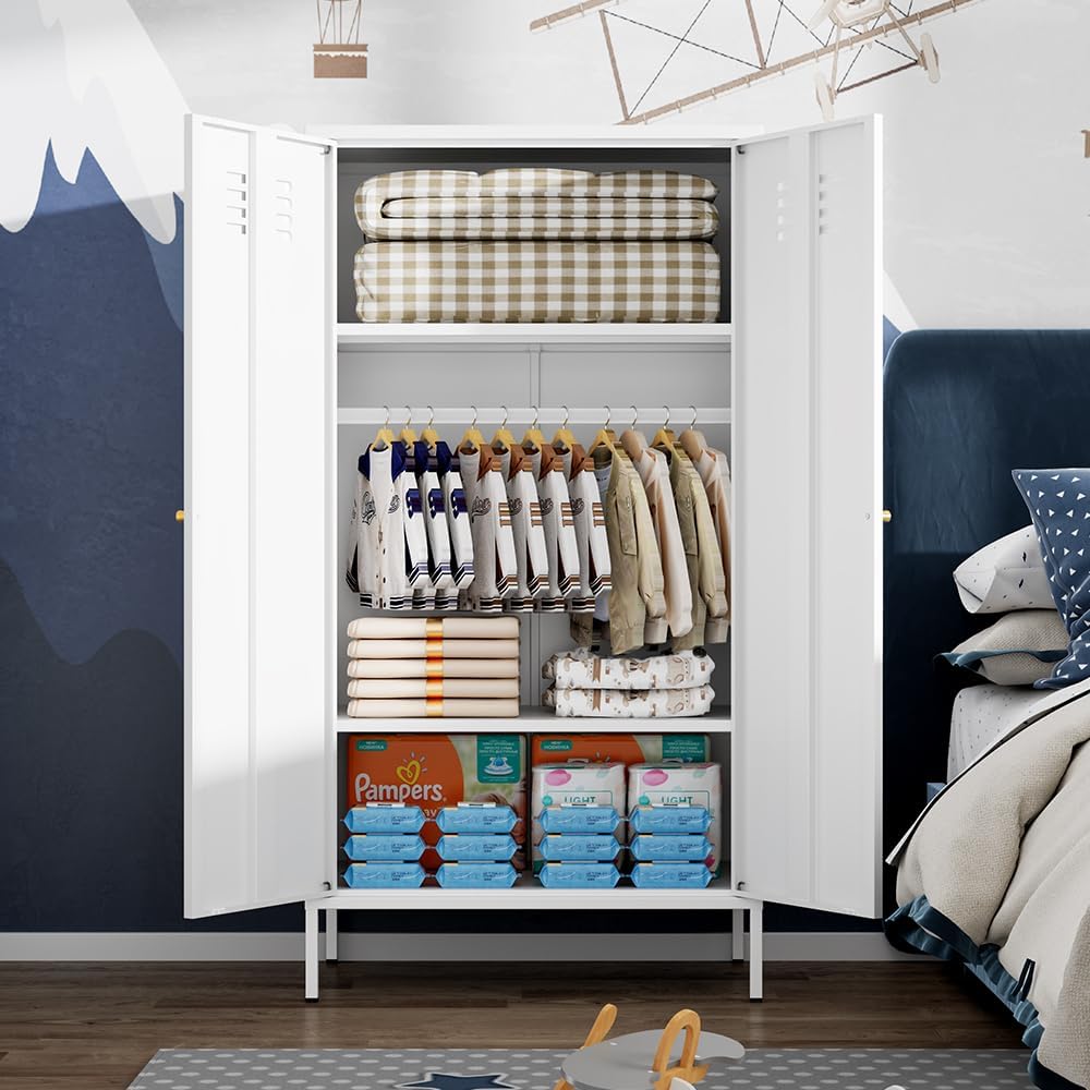 2 Door Metal Cabinet,Classified Storage Tall Storage Cabinet with Hanging Rod...