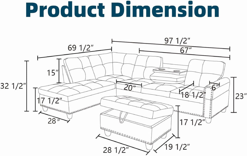 Leather L-Shaped Couch Set, 97.5"L x 69.5"W Sectional Sofas Black |...