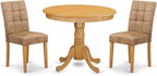 East West Furniture ANAS3-OAK-28 3 Piece Modern Dining Set consists A Dining Room Table and 2 Brown Textured Polyester Fabric Upholstered Dining Chairs, Oak