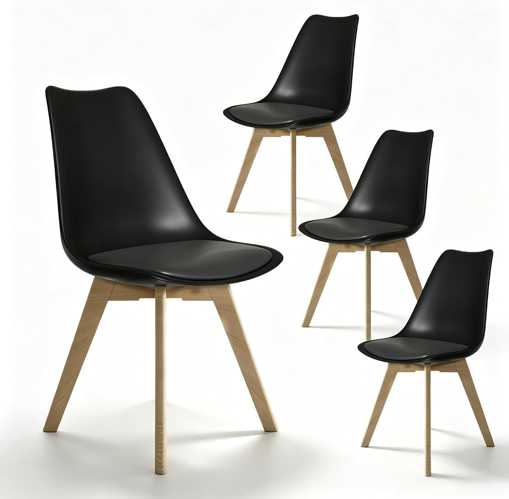 Dining Chairs Set of 4, PU Leather Kitchen Chairs,Wood Legs (Black, 4 PC)