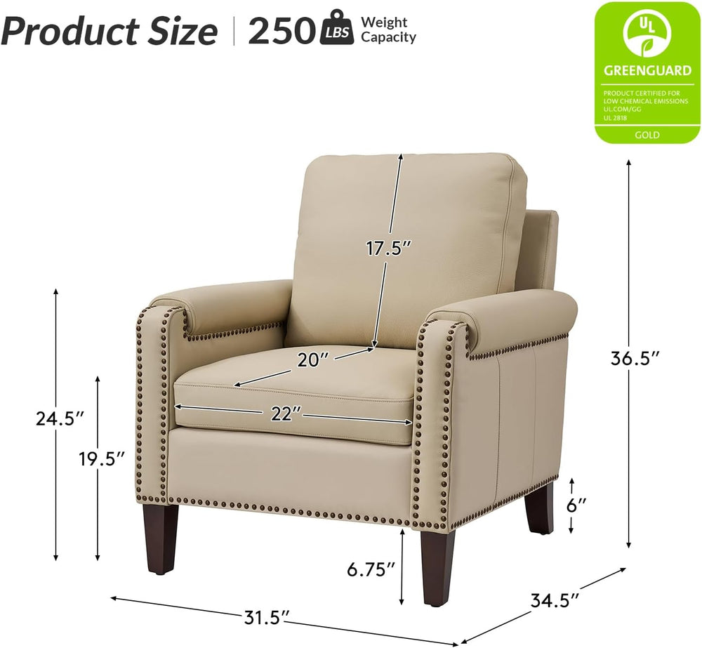 HULALA HOME Genuine Leather Accent Chair Set of 2 with Nailhead Trim, Beige |...