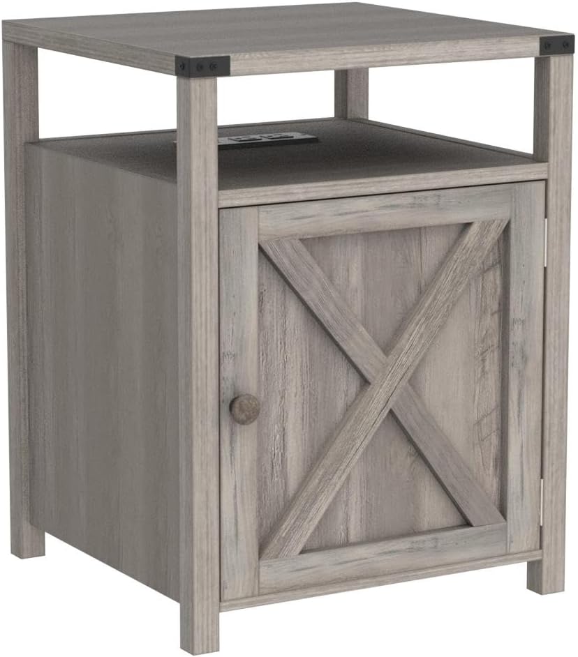 Farmhouse Nightstand with Charging Station, Rustic End Table Bedroom with Sto...