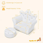 GLACER Kids Sofa with Ottoman, Kids White Couch with Embedded Crystal & PVC Leather, Upholstered Child’s Crown-Back Armchair, Baby Sofa Chair Seat Furniture, Princess Chair for Toddler Girls(White)