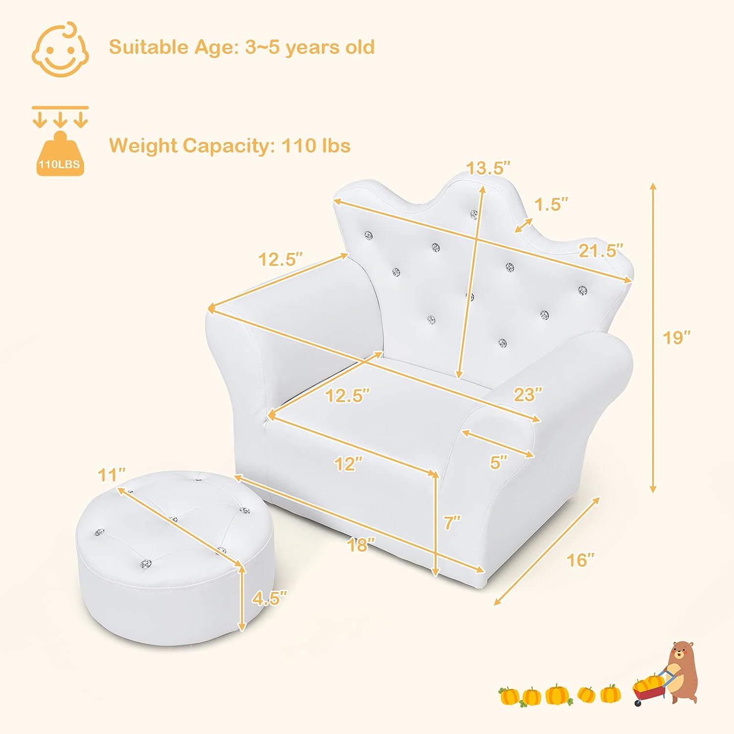 GLACER Kids Sofa with Ottoman, Kids White Couch with Embedded Crystal & PVC Leather, Upholstered Child’s Crown-Back Armchair, Baby Sofa Chair Seat Furniture, Princess Chair for Toddler Girls(White)