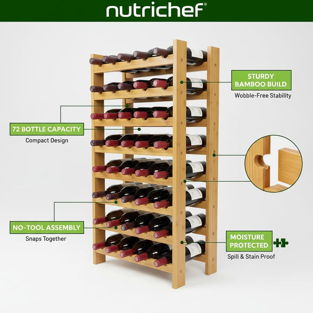 NutriChef 72 Bottle Wine Rack Stackable Bamboo Freestanding, 8-Tier Modular S...