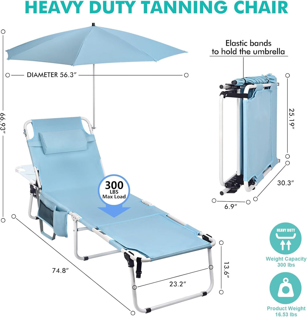 Tanning Chair with Umbrella UPF 50+ Adjustable, Heavy Duty Folding Chaise Lou...