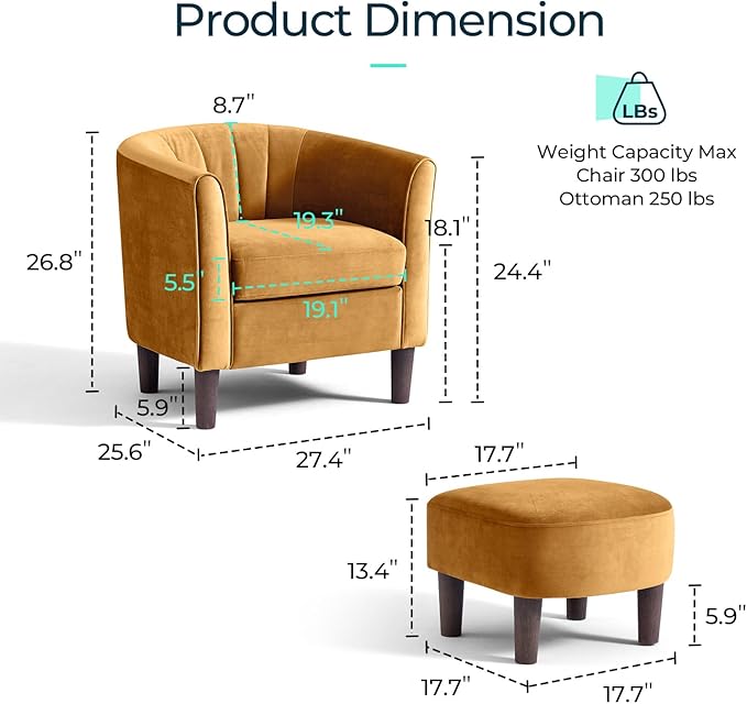 LINSY Accent Chair with Ottoman, Modern Barrel Chair Small Armchair Reading Chair with Footrest, Comfy Round Arms Chair for Living Room Bedroom Reading Room, Velvet, Yellow
