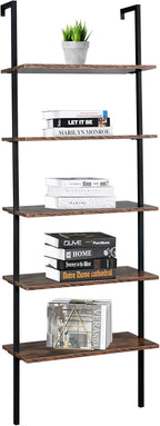 5-Tier Wall Mounted Ladder Shelf, Industrial Bookshelf with Metal Frame, Rustic Brown Bookcase for Home Office Living Room, Storage Rack for Home Office,Industrial Display Rack Books