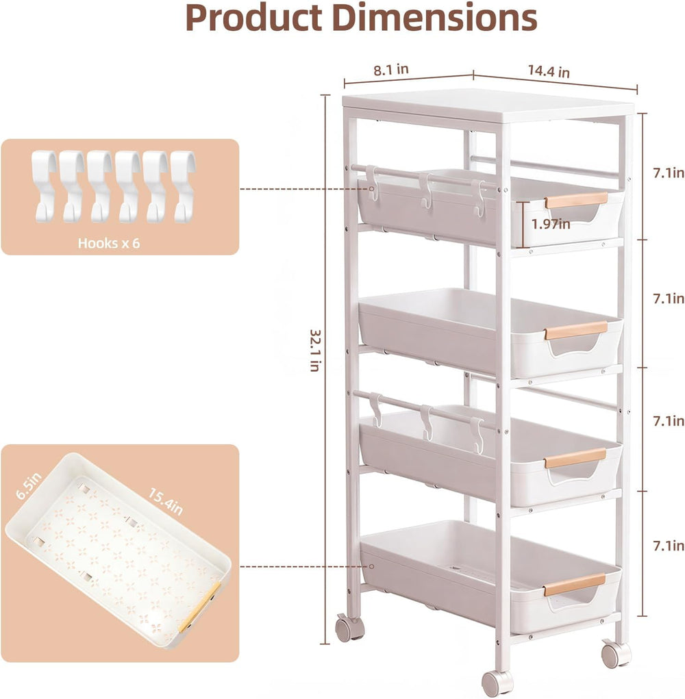 5 Tier Slim Rolling Storage Cart with Pull-Out Drawers,Narrow Utility Organiz...