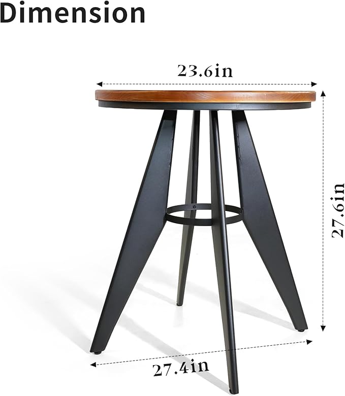 Round Cafe Table - 23.62" Pine Wood Top, Metal Frame, 28.15" High, Modern Industrial Dining Table for Kitchen, Home Office, Bistro, Compact for Space Saving, Black Base Brown Top