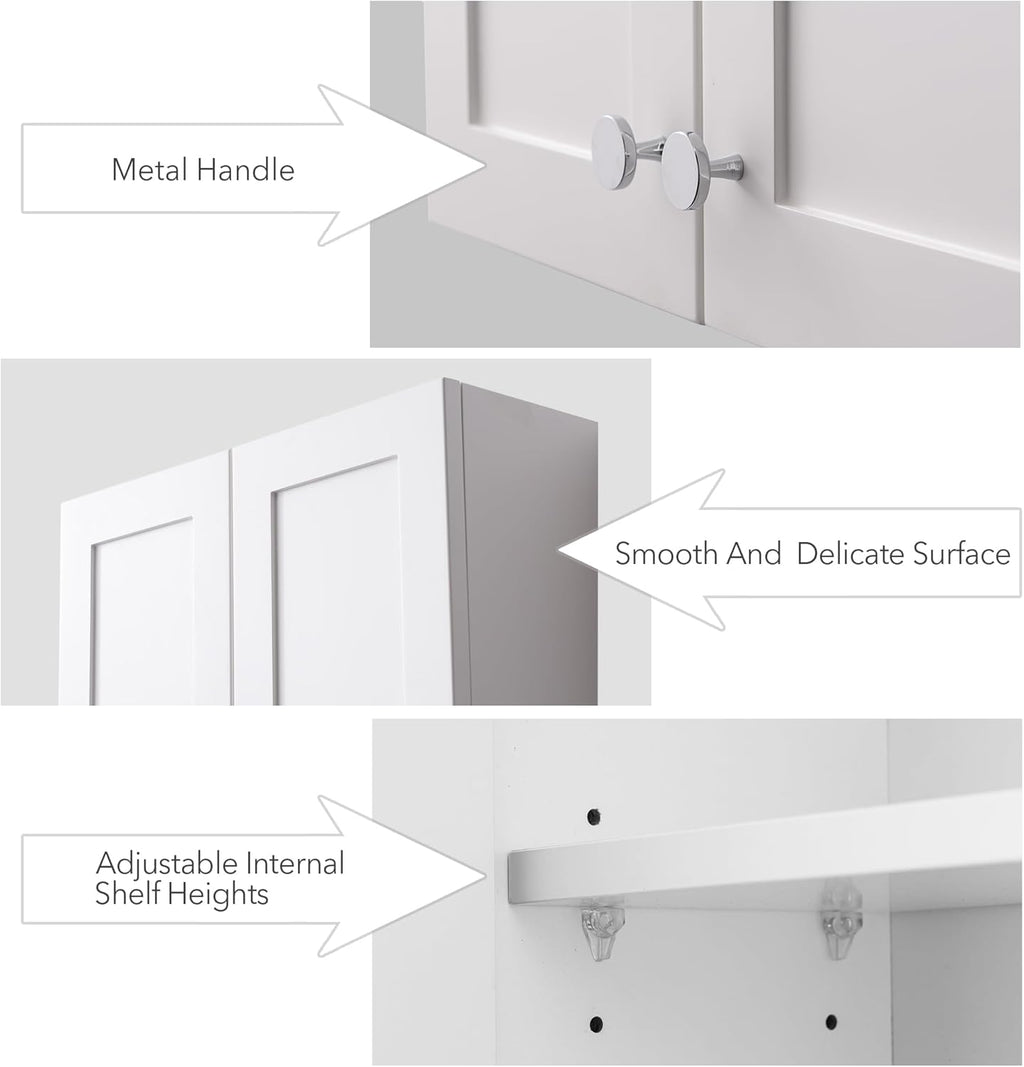 White Wall Mount Cabinet, MDF Over The Toilet Storage Cabinet with Adjustable Shelves, Space Saver 2 Door Medicine Cabinet for Bathroom Laundry Kitchen, 19x 27in, No Paint Odor