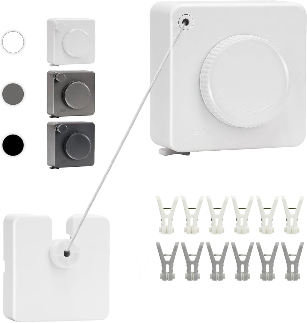 15.7Ft Retractable Clothesline Indoor an Anti-sag Retractable Clothesline Outdoor,Laundry Line Wall Mounted Stainless Steel Wire Laundry, with 12 Clip(White)