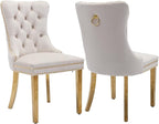 Beige Velvet Dining Room Chairs Set of 2, Upholstered Dining Chairs with Back Ring Pull Trim and Golden Stainless Steel Legs,Modern Kitchen Chairs for Dining Room,Living Room,Kitchen(Beige)