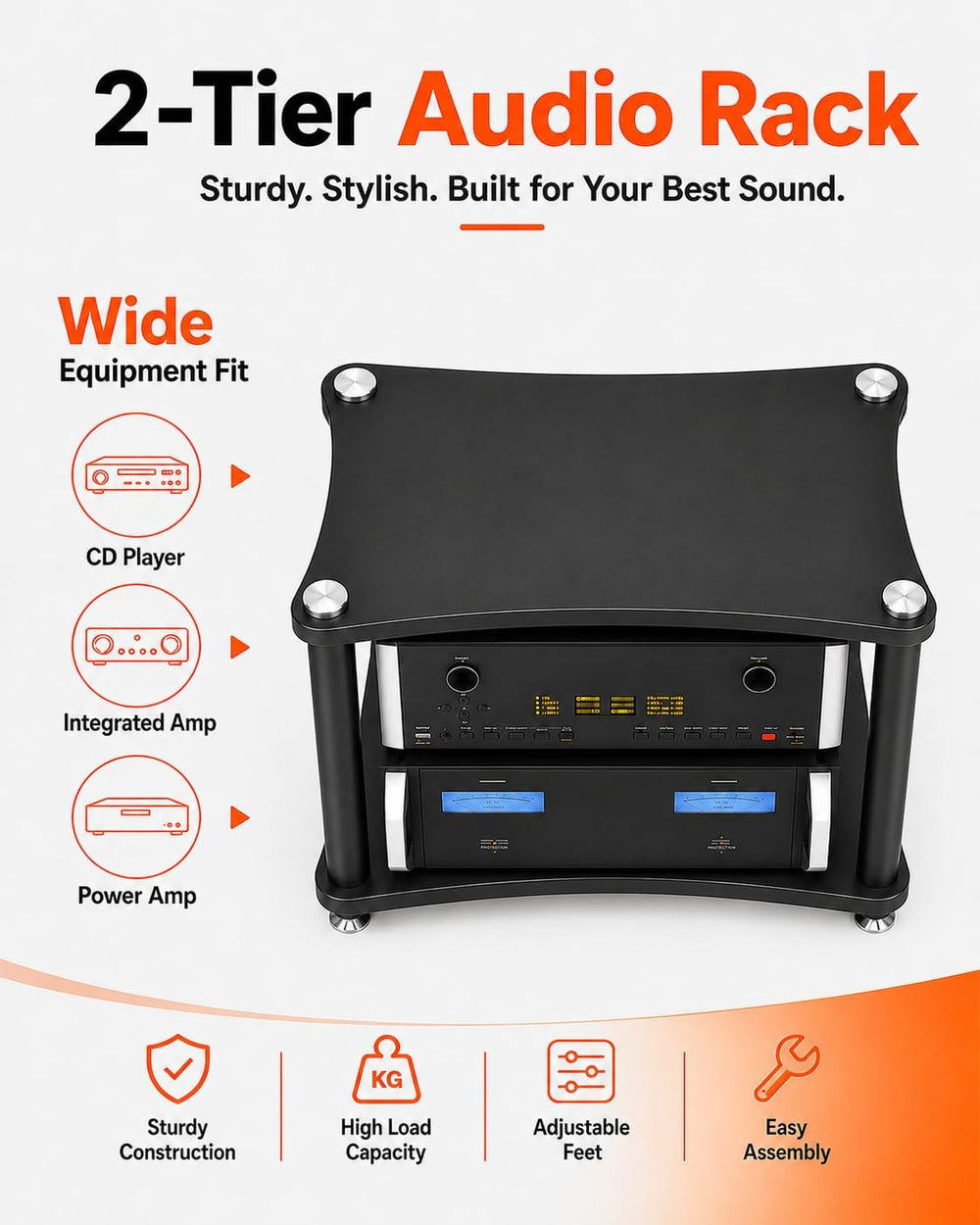Heavy Duty 2-Tier AV Media Stand, 176 lb Load Capacity, Black | anti-vibratio...