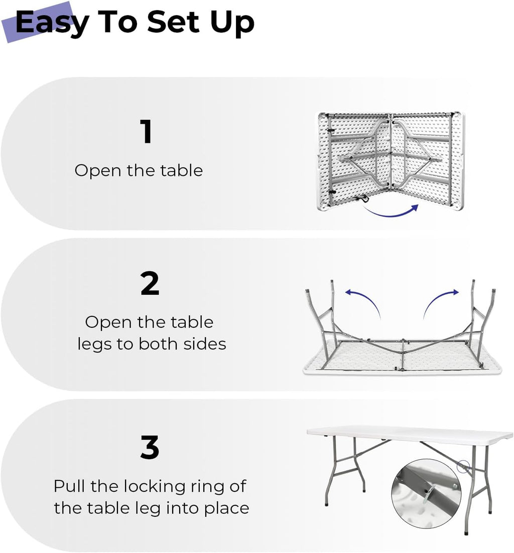 Byliable Folding Table 6ft Portable Heavy Duty Plastic Fold-in-Half Utility Foldable Table Plastic Dining Indoor Outdoor for Camping, Picnic and Party, White