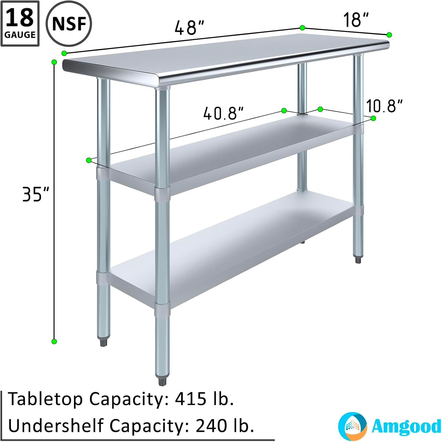 48" Long X 18" Deep Stainless Steel Work Table with 2 Shelves | Metal Food Prep Station | Commercial & Residential NSF Utility Table