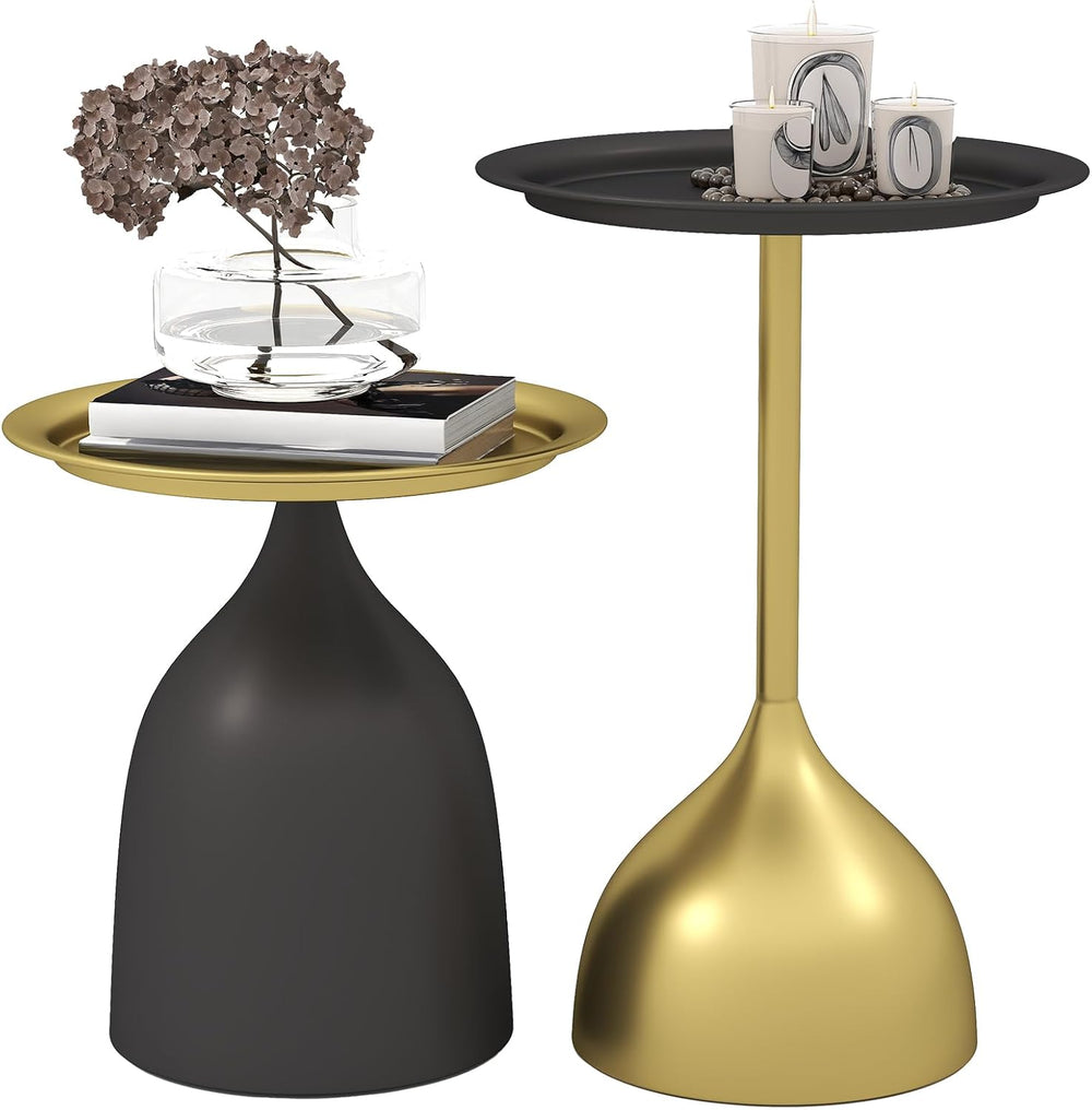 Benkyo Black and Gold Nesting Tables Pedestal Coffee Table Set of 2 Round Sid...