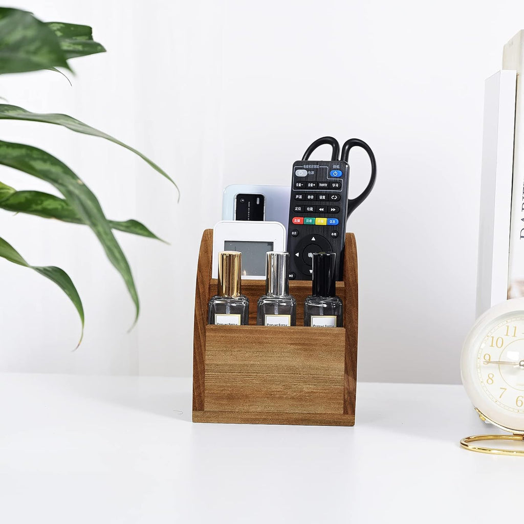 OKSQW Rustic Vintage Wooden Desk Organizer Farmhouse Wood Remote Control Caddy, 3 Slot Tabletop Desktop Office Supply Storage Rack Desktop TV Remote Control Holder Home Decor Office Supplies Storage