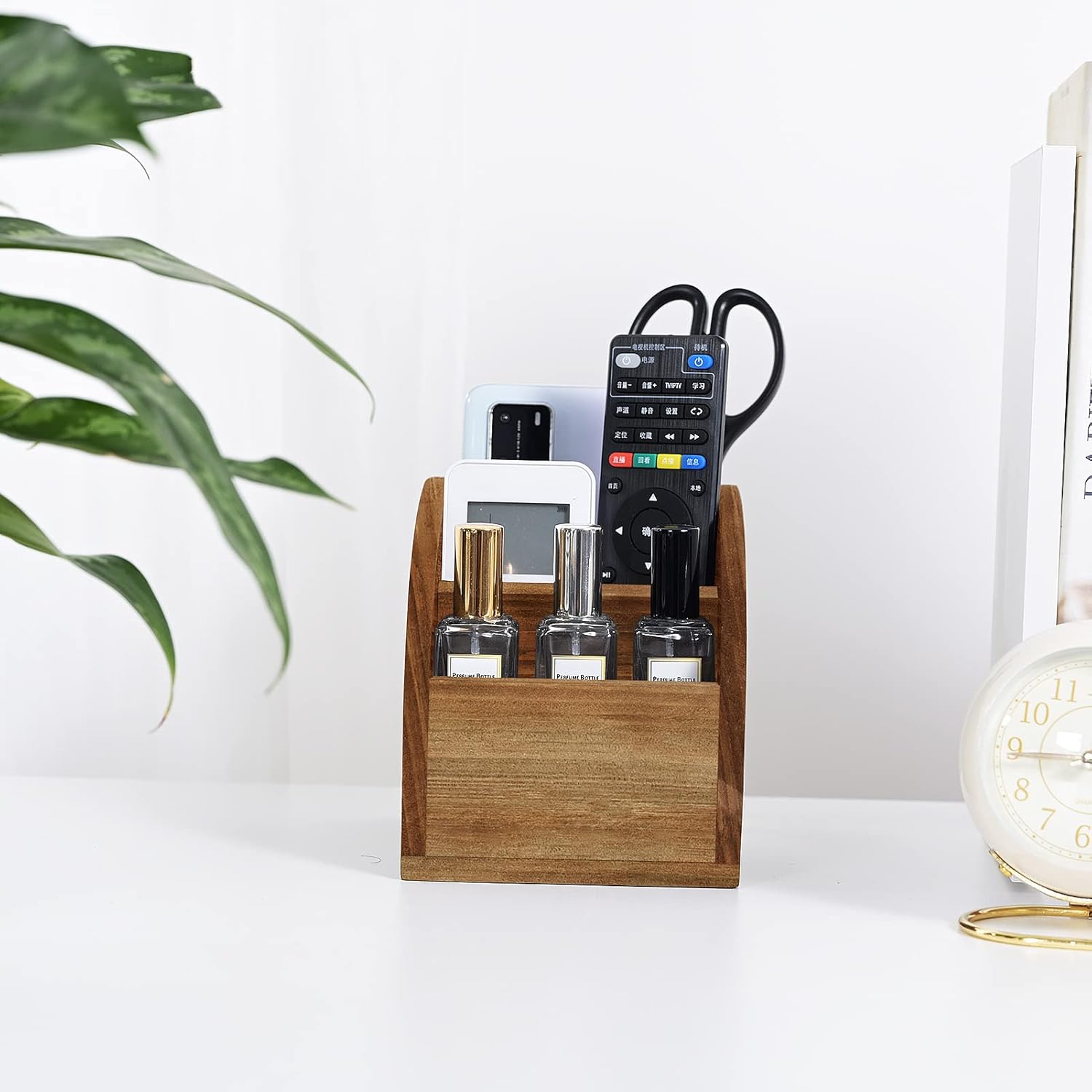 OKSQW Rustic Vintage Wooden Desk Organizer Farmhouse Wood Remote Control Caddy, 3 Slot Tabletop Desktop Office Supply Storage Rack Desktop TV Remote Control Holder Home Decor Office Supplies Storage