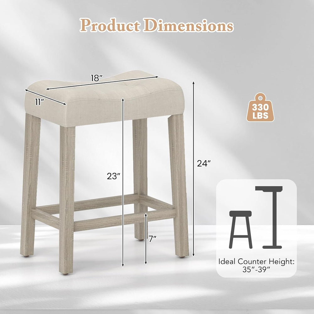COSTWAY Wooden Saddle Stools Set of 2, 24-inch Counter Height Upholstered Bac...
