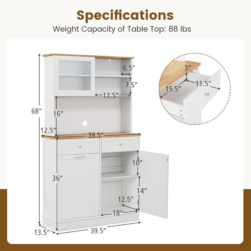 68" Tall Kitchen Pantry Cabinet, Freestanding Kitchen Hutch w/Tilt Out T...