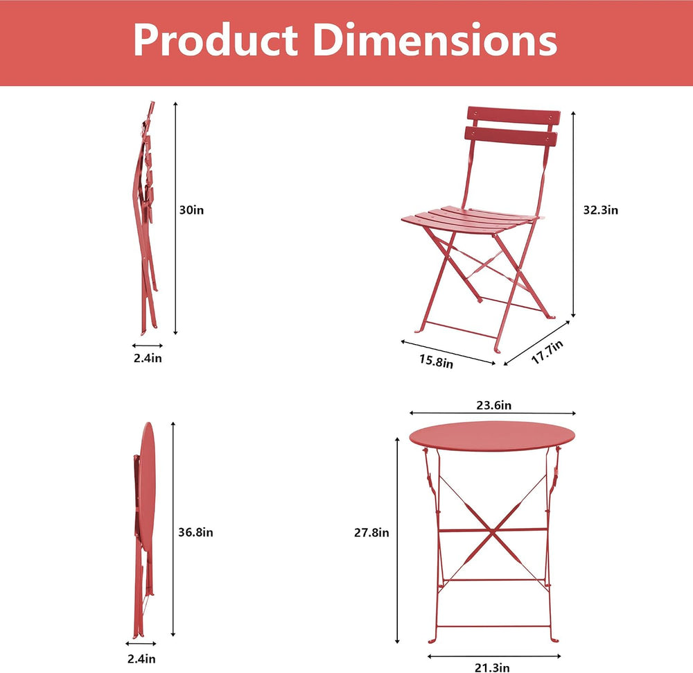 3 Piece Outdoor Bistro Set, Red Folding Table & Chairs for 2