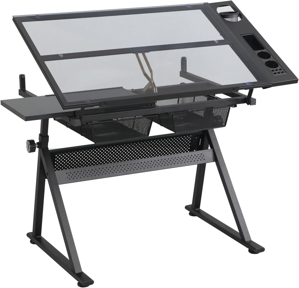 Adjustable Glass-Top Drafting Table with Storage, Black | Adjustable Glass-To...